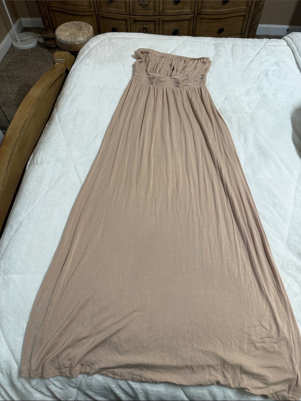 Bebe Strapless Maxi Dress in Taupe